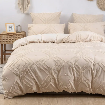 Beige textured duvet cover set with geometric embroidery pattern made of soft tufted microfiber by DecorBites