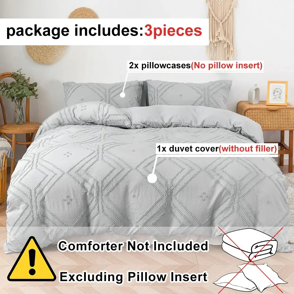 Gray quilted microfiber duvet cover set with soft tufted geometric embroidery pattern by DecorBites for bedding use