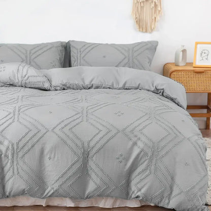 Gray quilted DecorBites™ soft tufted microfiber duvet cover set with geometric embroidery pattern for bed use