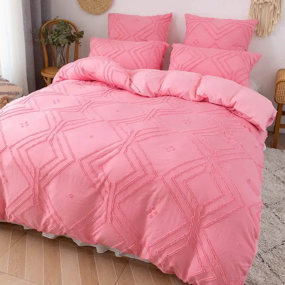 Pink geometric embroidery duvet cover set with soft tufted microfiber fabric for comfortable bedding decor
