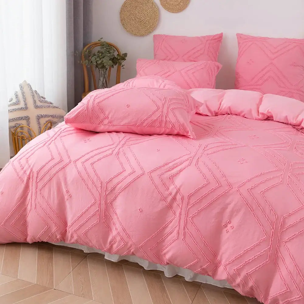 Decorbites™ soft tufted microfiber pink quilted duvet cover set with geometric embroidery and white ruffled hem