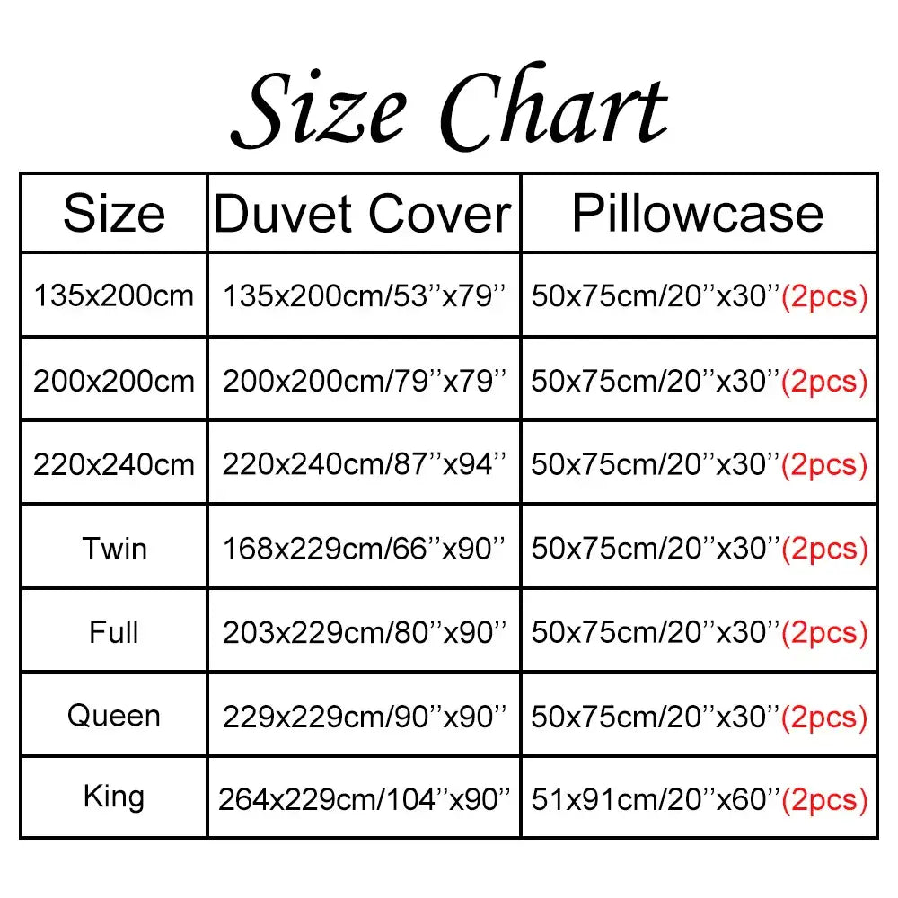Size chart for DecorBites™ soft tufted microfiber duvet cover set displaying dimensions in cm and inches for bed sizes