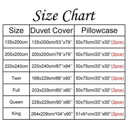 Size chart for DecorBites™ soft tufted microfiber duvet cover set displaying dimensions in cm and inches for bed sizes