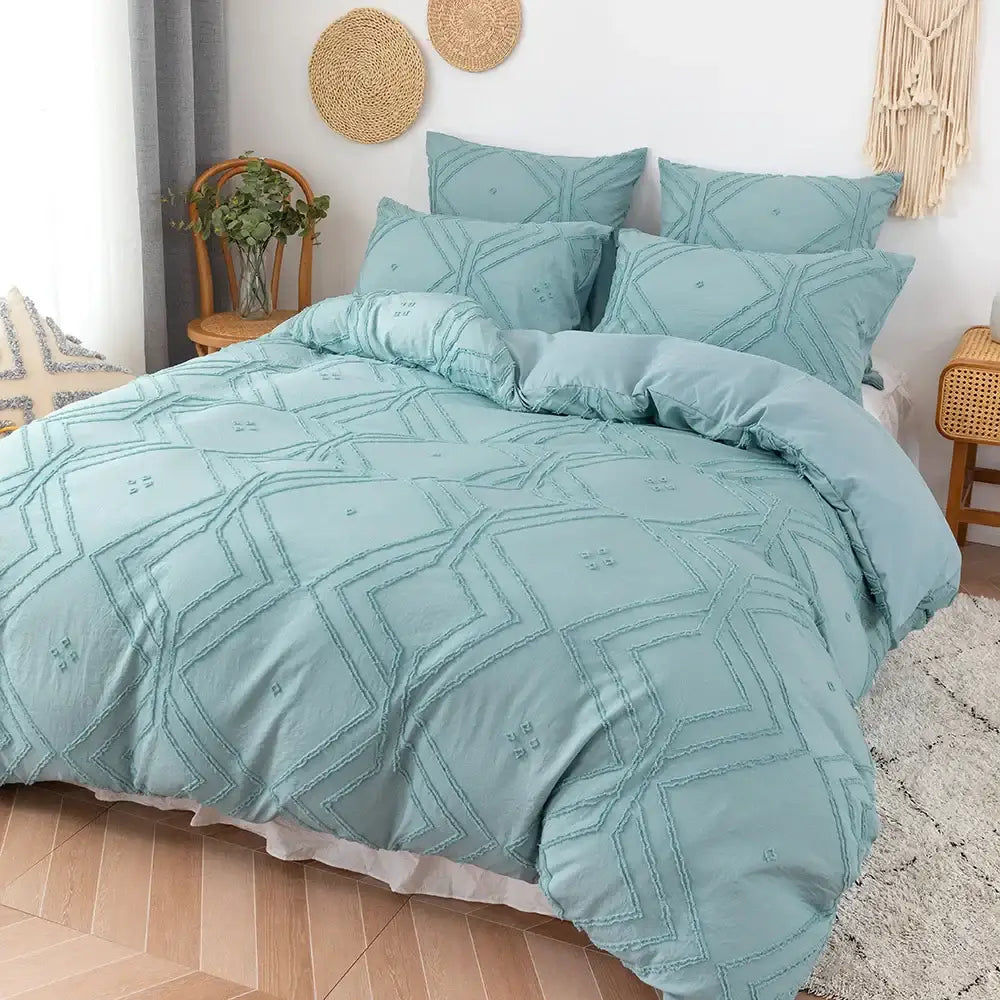 Teal-colored quilted microfiber duvet cover set with geometric embroidery pattern by decorbites soft tufted cover set