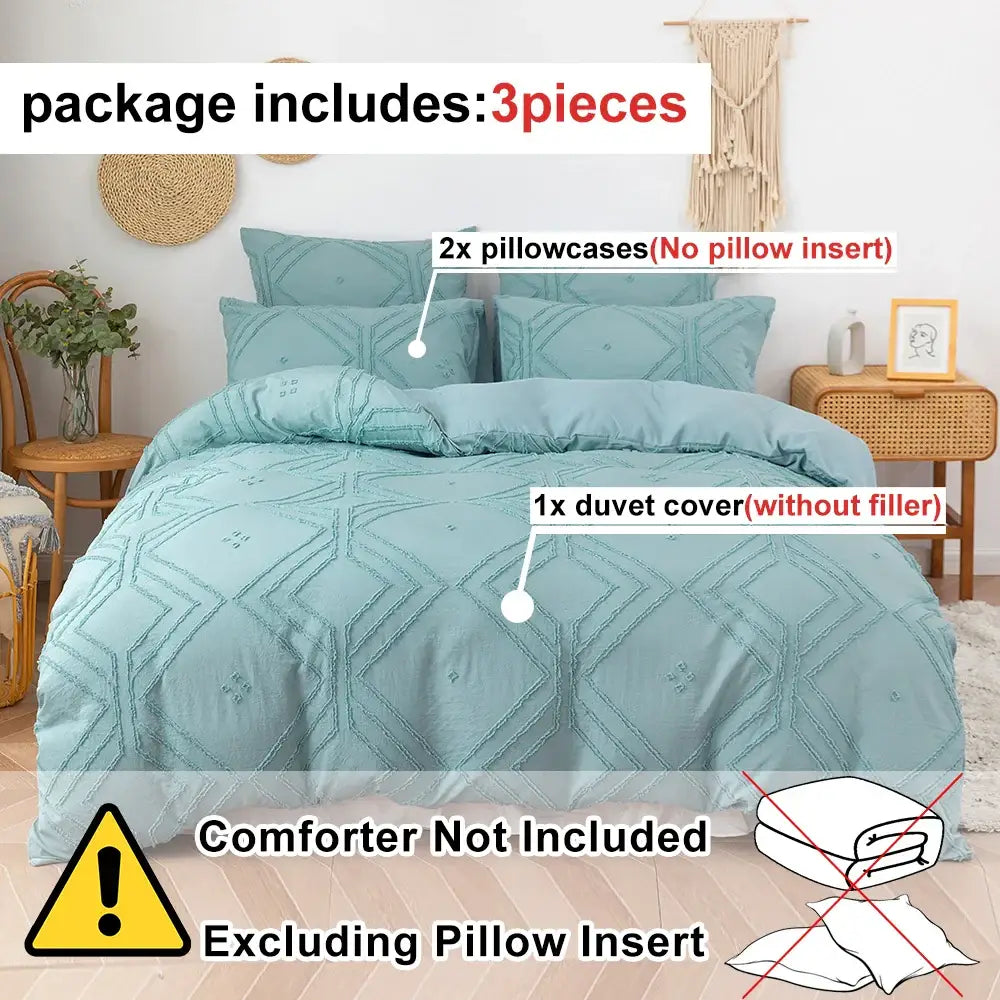 Teal geometric embroidered duvet cover set made of soft tufted microfiber by DecorBites for bedroom use
