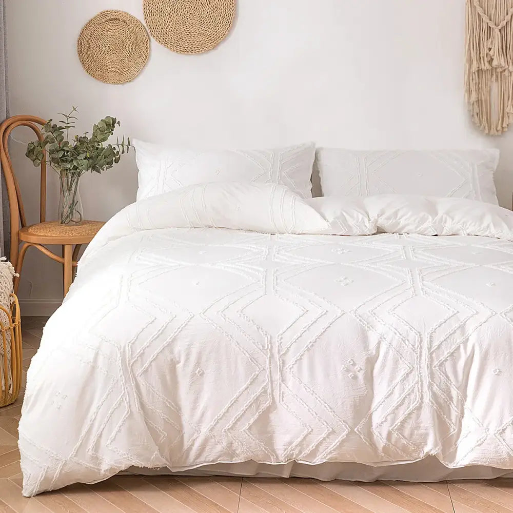DecorBites™ soft tufted microfiber duvet cover set in white with geometric embroidery pattern and textured design