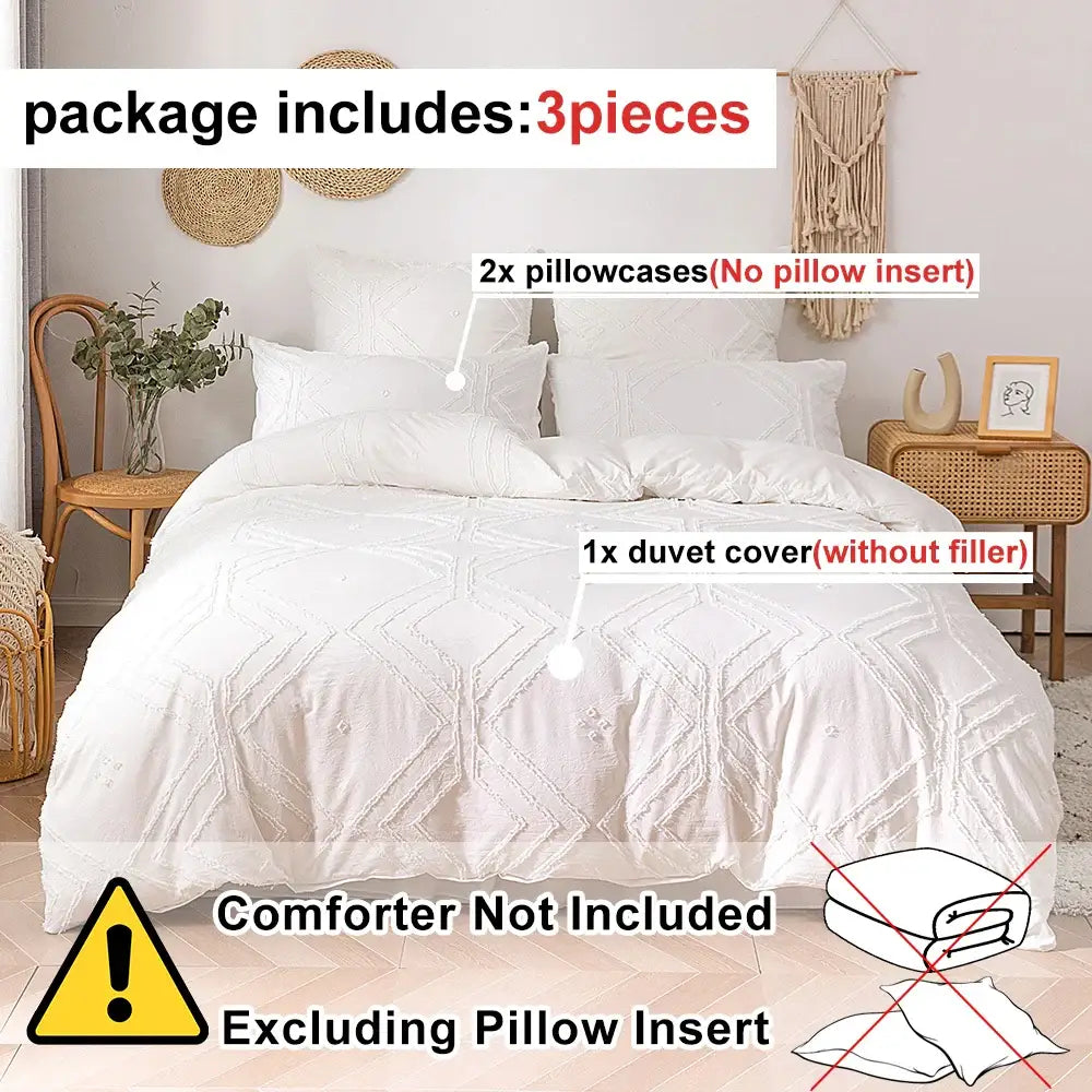White textured duvet cover set with geometric embroidery pattern made of soft tufted microfiber for comfortable bedding