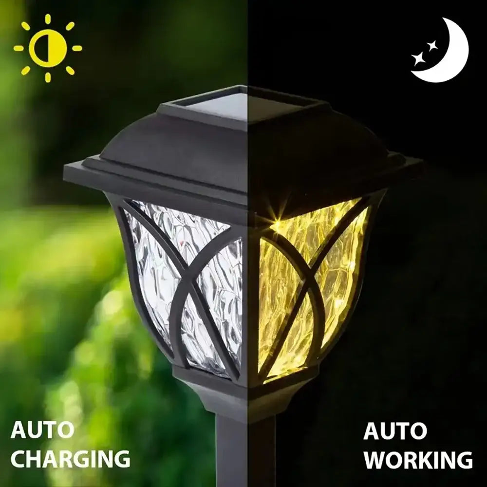 Black DecorBites™ solar lawn lights with textured glass panel and decorative metal frame for outdoor garden use