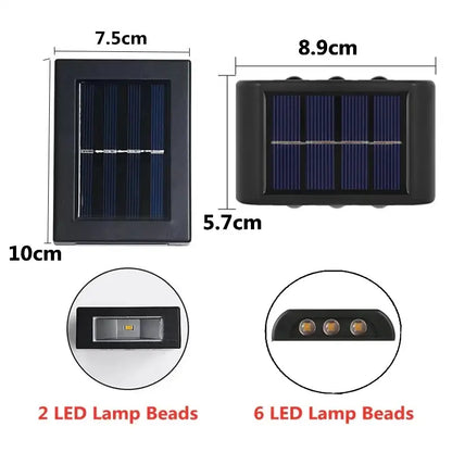 Black rectangular DecorBites™ solar led outdoor wall light with blue solar panels and two or six lamp beads
