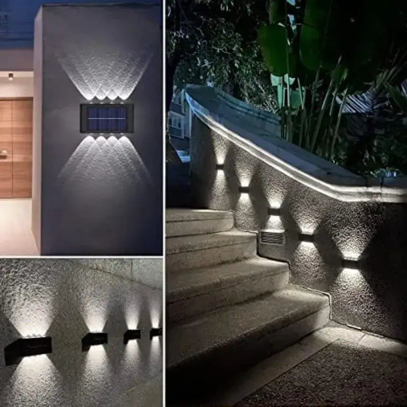 Black rectangular DecorBites solar led outdoor wall light with four angled LED wall lights for garden and patio use