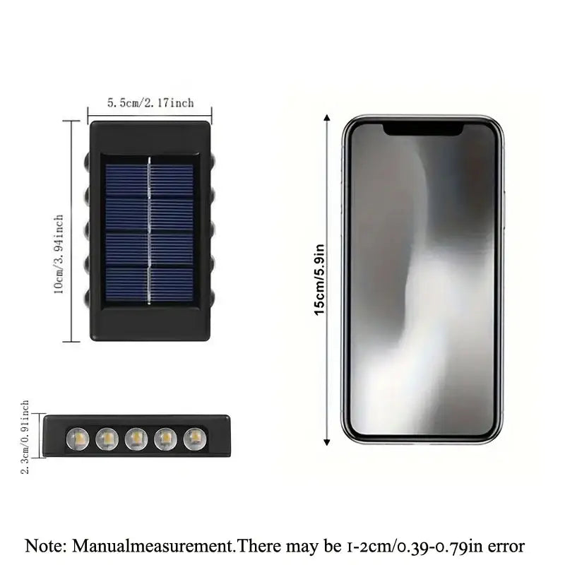 DecorBites solar led outdoor wall light in black with four bulbs and blue solar panel on the back for garden patio use