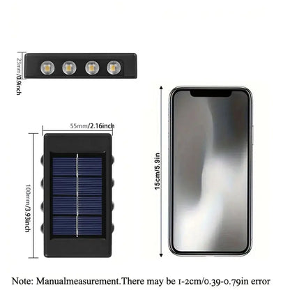 DecorBites™ black rectangular solar led outdoor wall lights with four bulbs and blue solar panel on the back for garden use