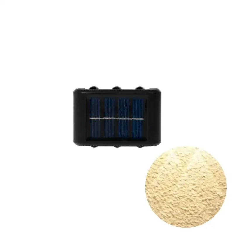 DecorBites solar led outdoor wall lights with black frame, blue photovoltaic cells, and warm beige illuminated surface
