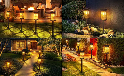 Decorbites™ solar lights pack of black metal lantern-style solar lights with warm yellow glass and super bright 12hrs illumination