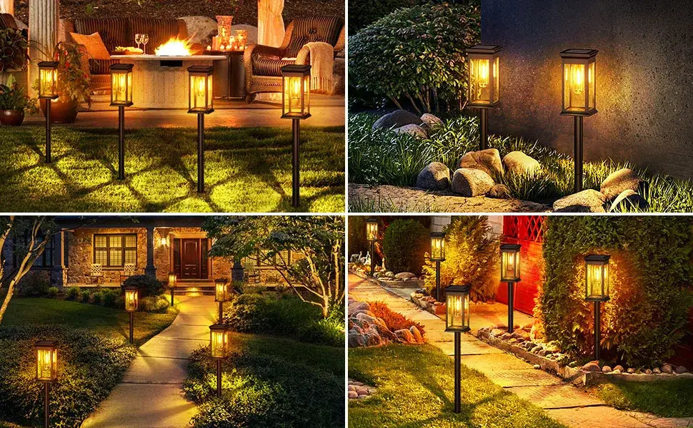 Decorbites™ solar lights pack of black metal lantern-style solar lights with warm yellow glass and super bright 12hrs illumination