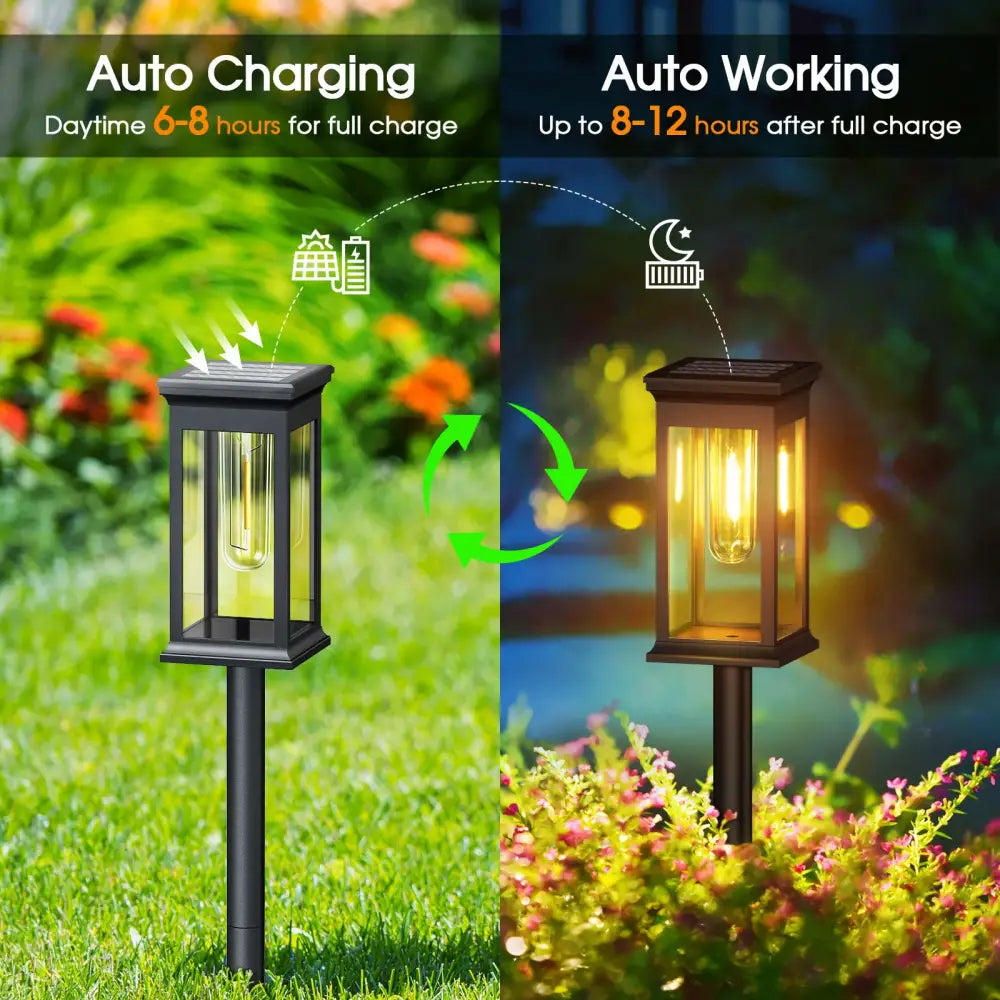 Black solar lights pack featuring super bright vintage-style bulb and glass front for 12hrs outdoor decor lighting