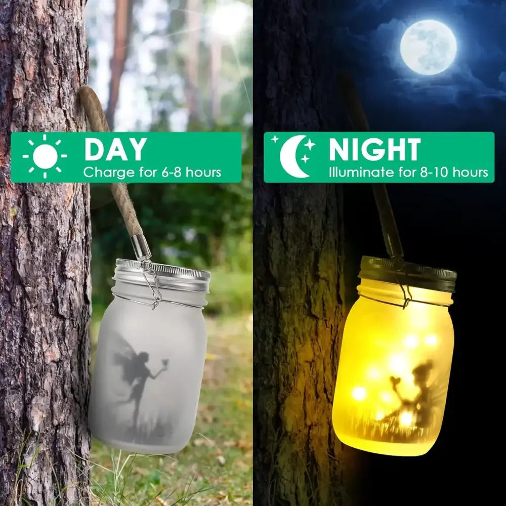 Decorbites™ solar mason jar with frosted glass and silver metal lid featuring glowing etched fairy silhouette for garden decor