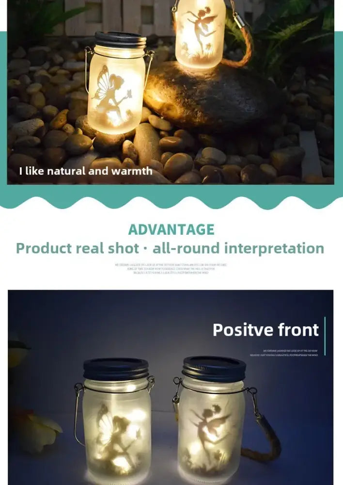 Decorbites solar mason jar lanterns with black lids and fairy cutout designs illuminated by warm led light