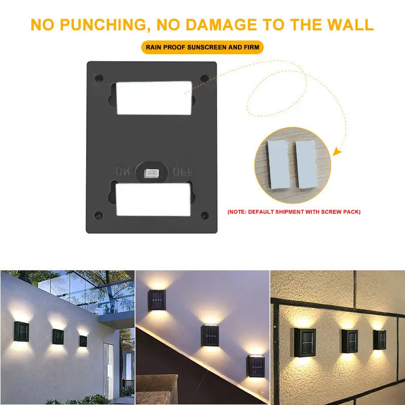Black rectangular solar wall sconce with sleek modern design and integrated led lights for outdoor garden decoration