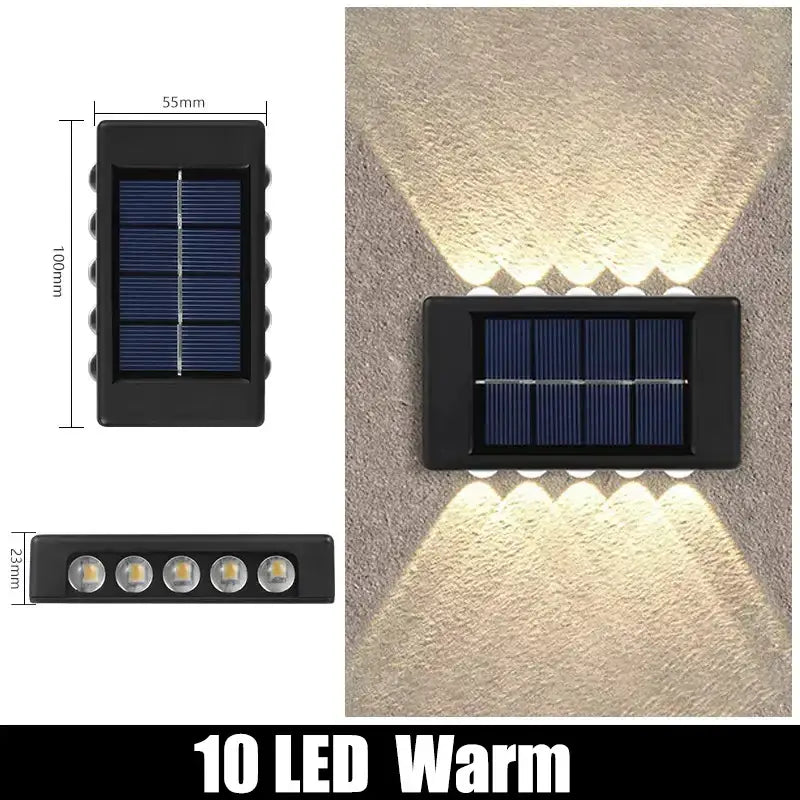 Decorbites™ black rectangular solar outdoor wall light with 10 warm white leds in a dual-angled design for garden decor