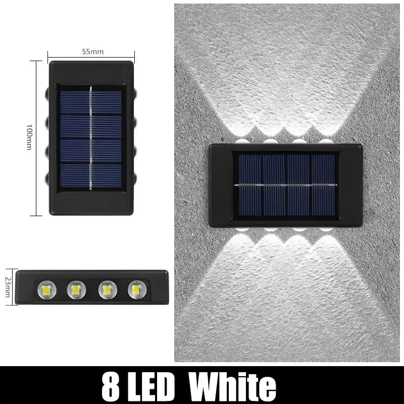 Black rectangular DecorBites™ solar outdoor wall light with eight white LEDs for garden decor use