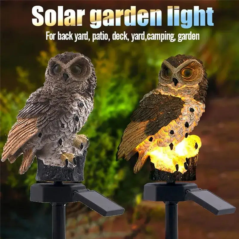 Decorbites™ solar owl garden light with detailed brown and gray feathers and glowing yellow interior illumination