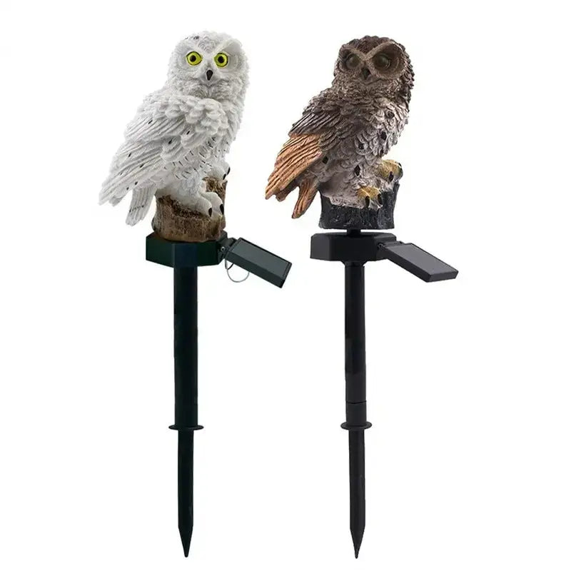 DecorBites solar owl garden light with white and brown feather details, decorative waterproof LED on black stakes