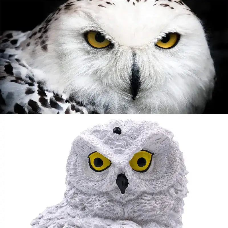White snow owl figurine with textured surface and bright yellow eyes solar owl garden light by decorbites waterproof led