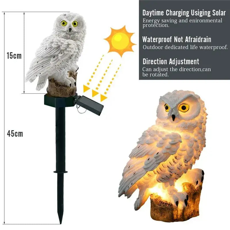 DecorBites™ solar owl garden light with white owl shape, glowing yellow eyes, warm interior, and black stake for outdoor use
