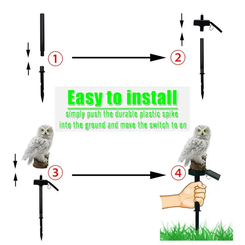 Decorbites™ solar owl garden light in white with textured feather surface and black plastic stake for outdoor use