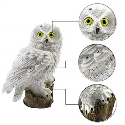 Decorbites™ solar owl garden light featuring a white owl figurine with textured feathers on a wooden stump base