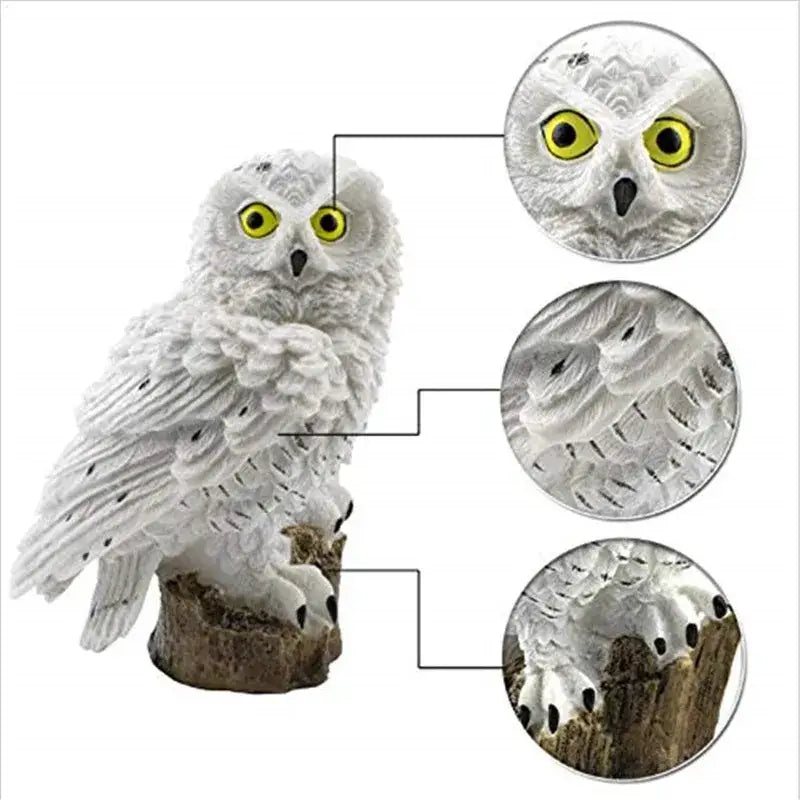 Decorbites™ solar owl garden light featuring a white owl figurine with textured feathers on a wooden stump base