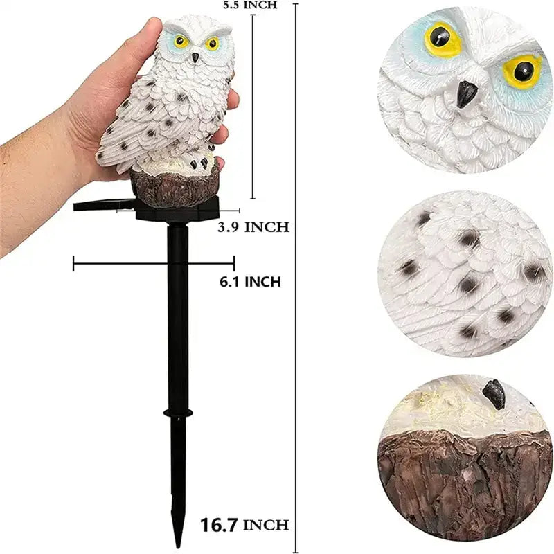 DecorBites™ solar owl garden light is a white decorative LED owl garden light with yellow eyes and detailed feather texture