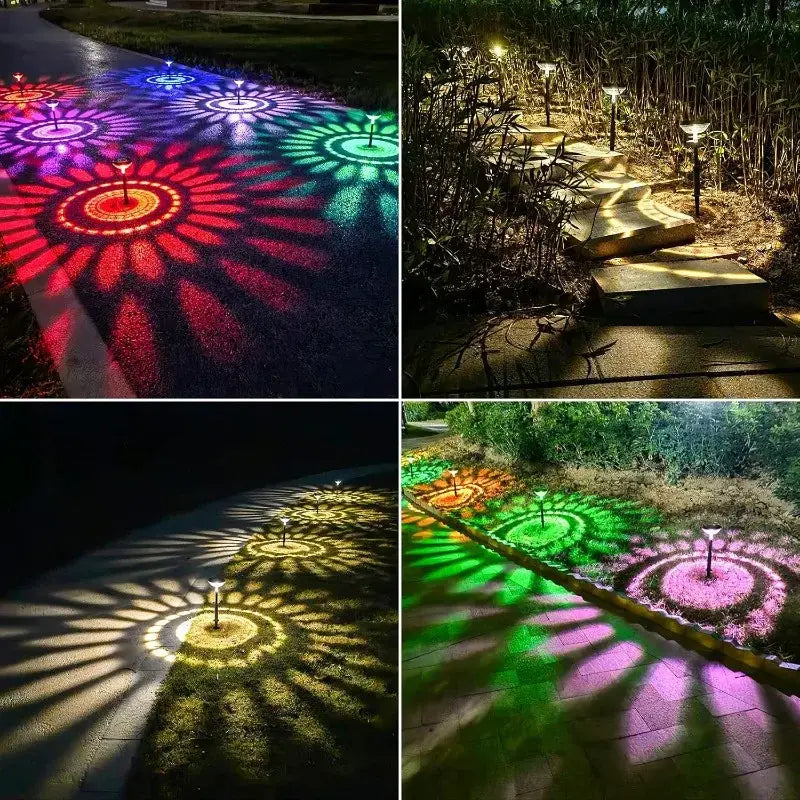 Decorbites solar pathway lights 6 pack with color changing and warm white flower-shaped projection patterns waterproof