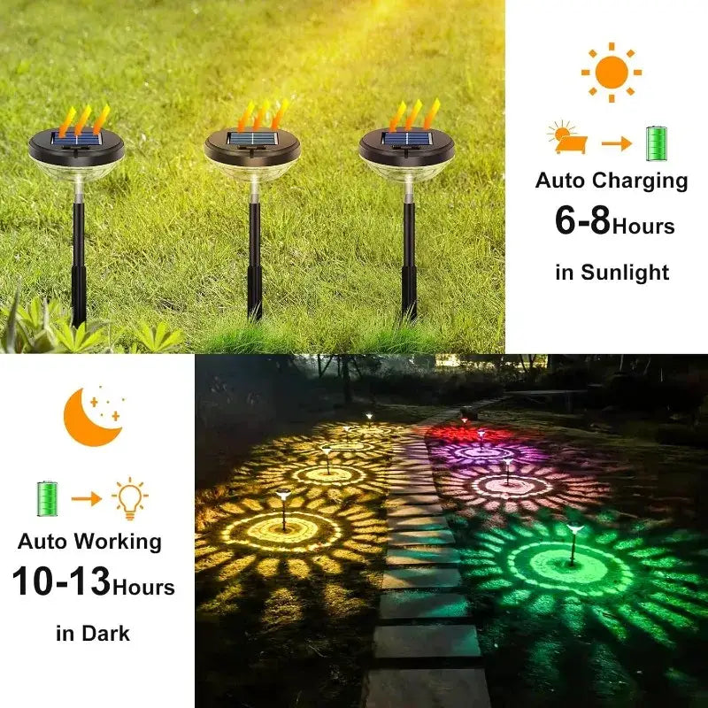 DecorBites solar pathway lights 6 pack with black stems and clear dome tops casting colorful patterns on ground