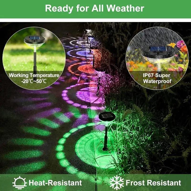 DecorBites™ solar pathway lights 6 pack with black and clear plastic bodies and circular solar panels on top