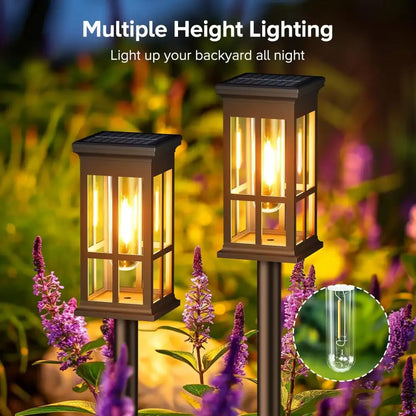 DecorBites™ solar pathway lights in brown lantern style with clear glass and warm yellow LED for bright outdoor use