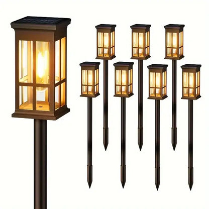 Set of eight brown decorbites™ solar pathway lights with warm yellow glow for bright outdoor lighting