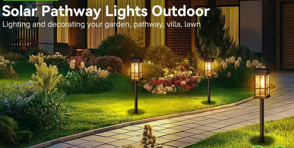 DecorBites™ solar pathway lights with black metal frames and warm yellow panels line a stone walkway outdoors