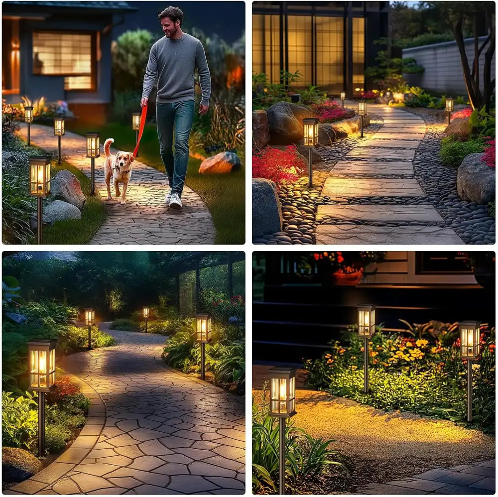 Decorbites™ solar pathway lights feature warm-toned lantern-style design with metal frame and clear glass panels for bright outdoor lighting
