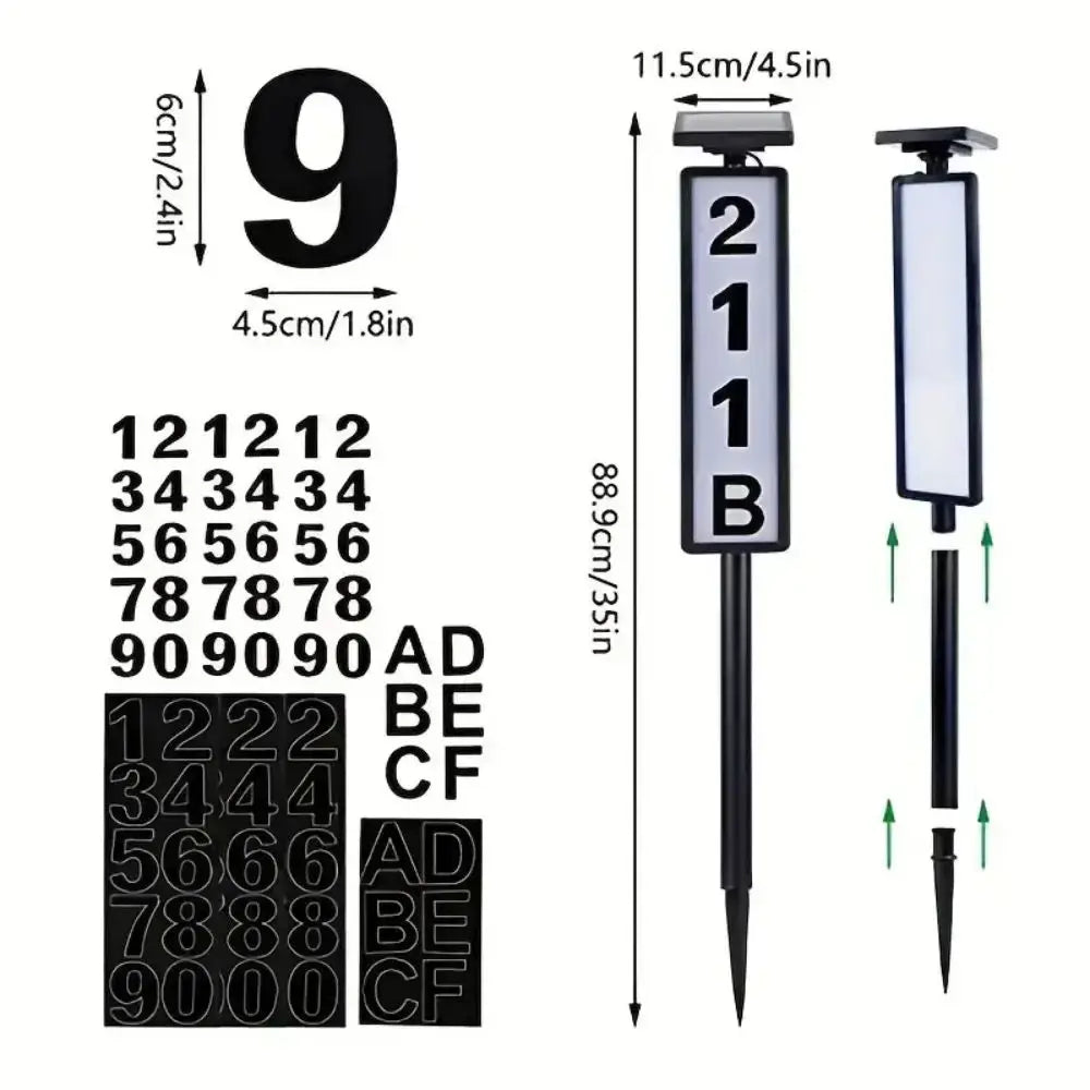 Decorbites™ solar powered led black house number light with rectangular display panel and stake for outdoor use