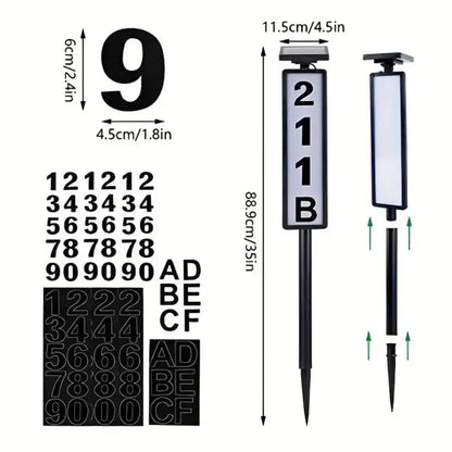 Decorbites™ solar powered led black house number light with rectangular display panel and stake for outdoor use