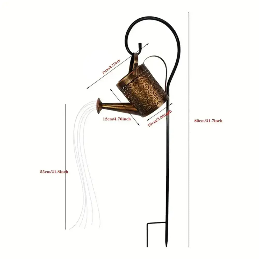 Bronze-colored metal decorbites™ solar watering can light with geometric cut-outs on black wrought iron stand for outdoor decor