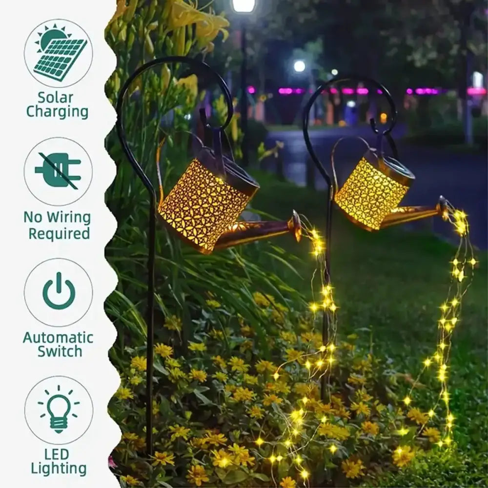 Decorbites™ solar watering can light in golden metal with intricate patterns features led lighting for outdoor decor