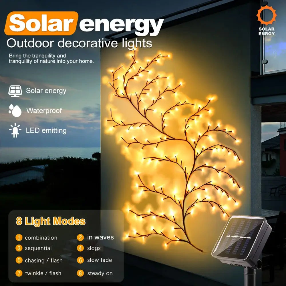 DecorBites™ solar willow vine light featuring warm yellow led bulbs on a waterproof outdoor decorative vine light tree