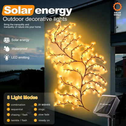 DecorBites™ solar willow vine light featuring warm yellow led bulbs on a waterproof outdoor decorative vine light tree