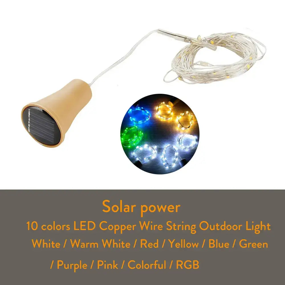 Beige solar wine bottle fairy lights with copper wire and 10 color options for home decoration by decorbites