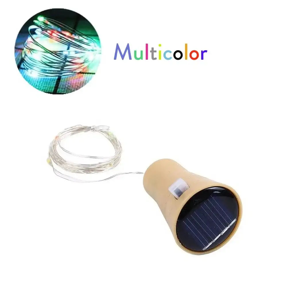 Beige decorbites solar wine bottle fairy lights with multicolor led bulbs and conical battery housing for outdoor decor