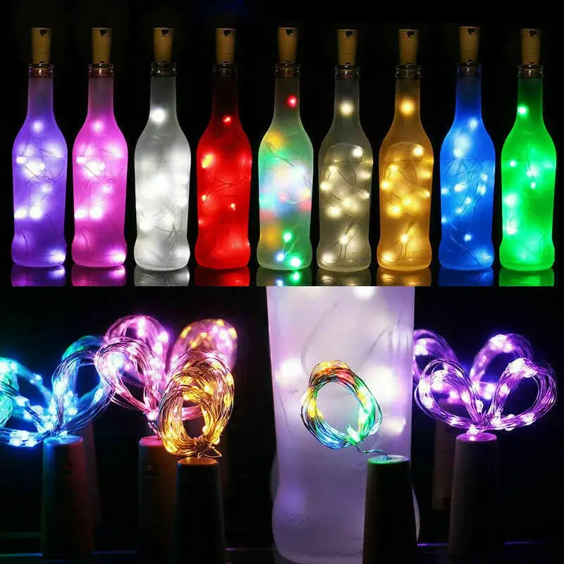 Colorful solar wine bottle fairy lights by decorbites emitting soft purple pink white red green yellow blue and neon green glow