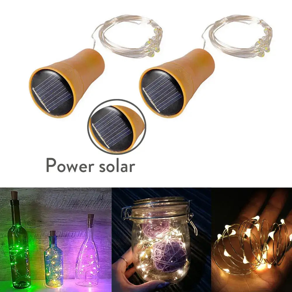 Set of three decorbites solar wine bottle fairy lights with warm white led bulbs and tan cylindrical solar panel housing